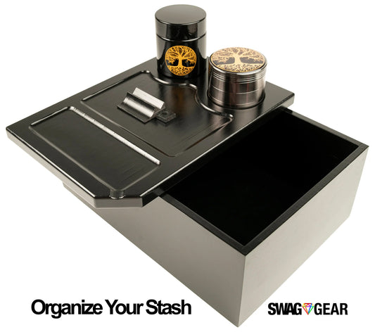 Wooden Stash Box with Rolling Tray - Stash Box with Rolling Tray - Comes with a Magnetic Scraper Large Stash Box Black Stash Box