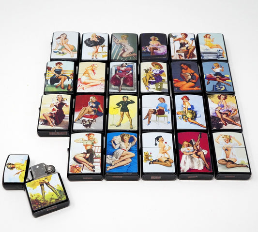 LOT of 24 Vintage Retro Pin Up Girl Mix Design Oil Lighter Flip Top Refillable Set