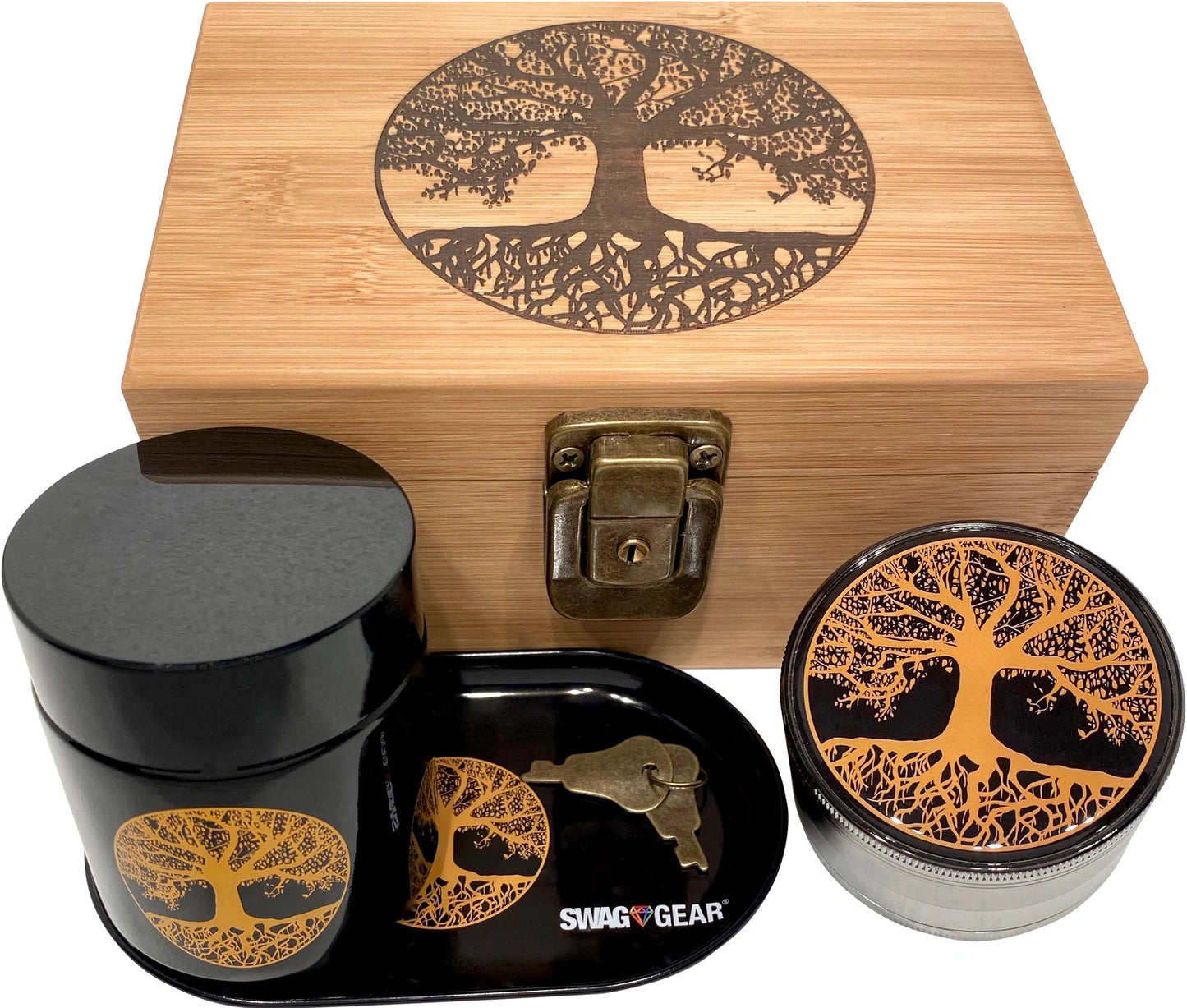 Bamboo Wood Stash Box Combo - Full Size Tree Grinder Stash Jar Rolling Tray and More! - Large 4 Part Grinder - Engraved Wooden Box