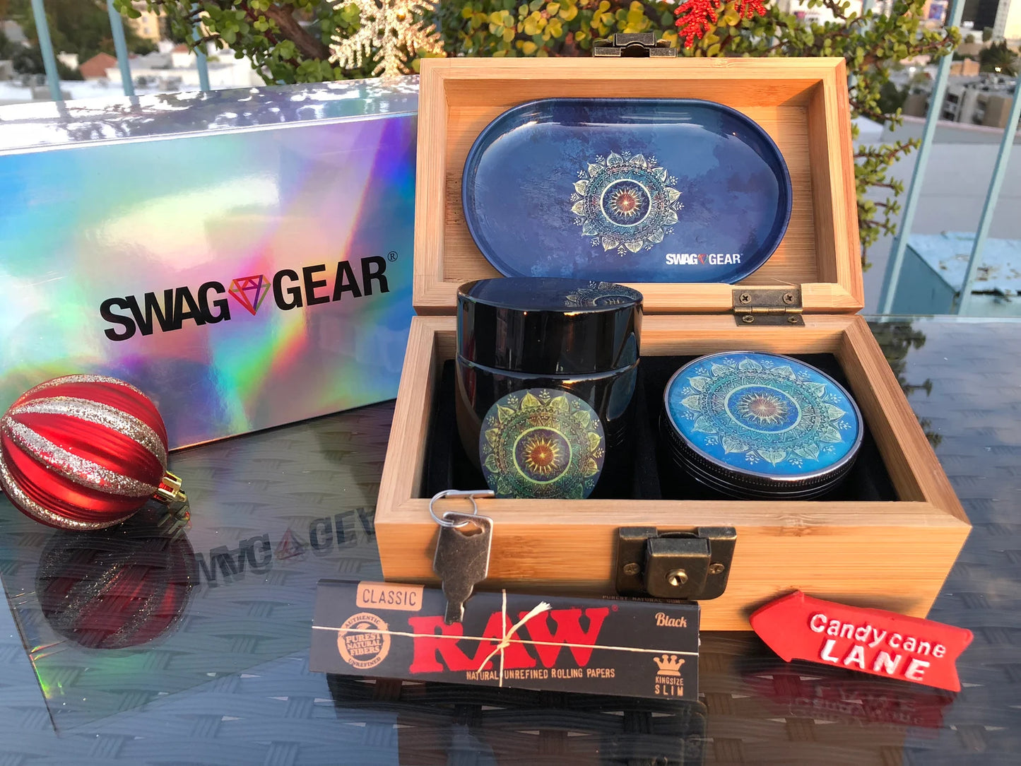 Bamboo Wood Stash Box Combo - Full Size Tree Grinder Stash Jar Rolling Tray and More! - Large 4 Part Grinder - Engraved Wooden Box