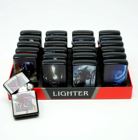 LOT of 24 Alien Mix Design Oil Lighter Flip Top Refillable Set