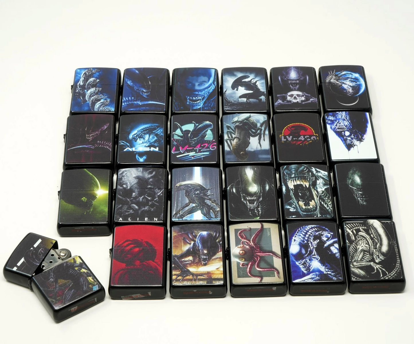 LOT of 24 Alien Mix Design Oil Lighter Flip Top Refillable Set