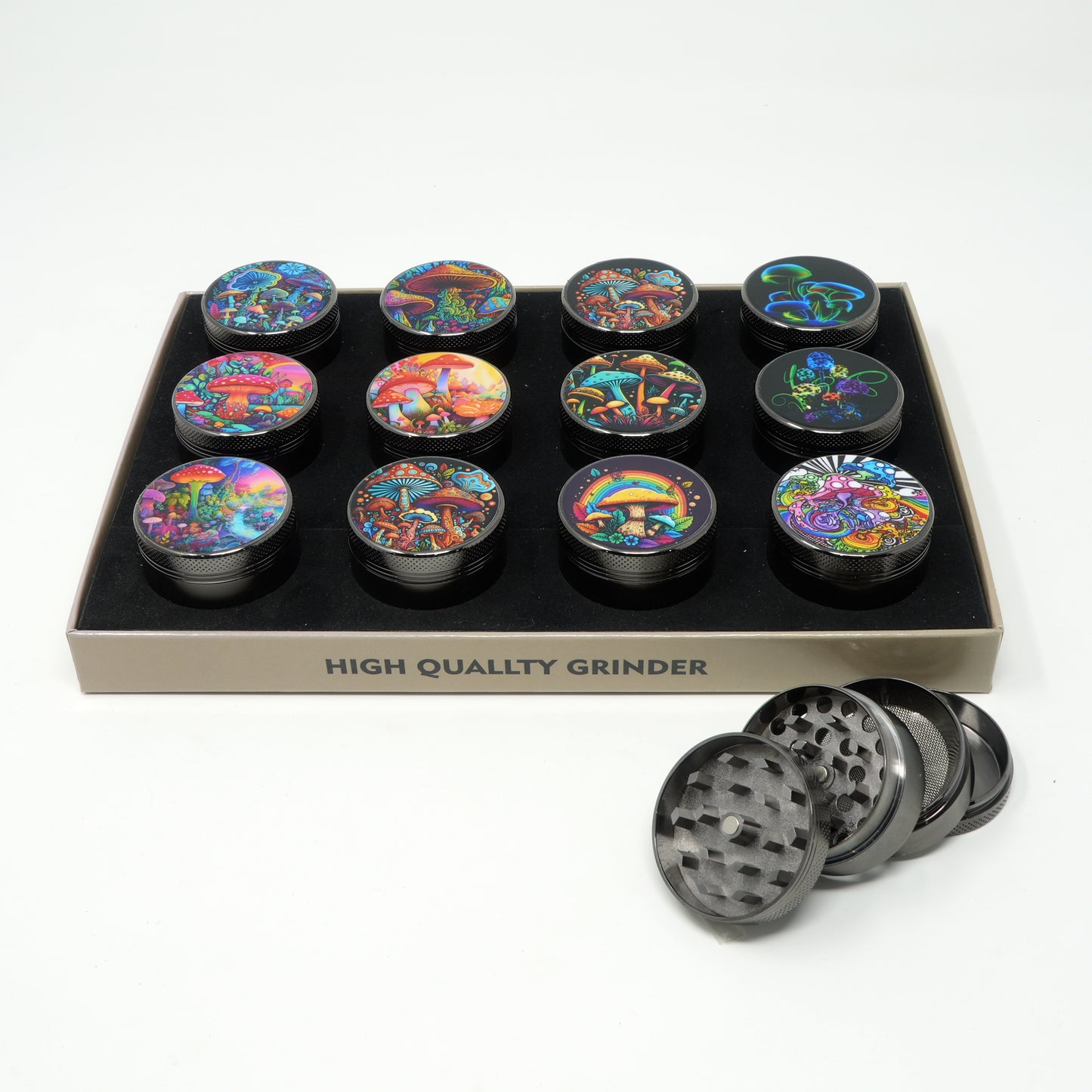 Mushroom Mix Design 4 Part Zinc Alloy Premium Herb Grinder
