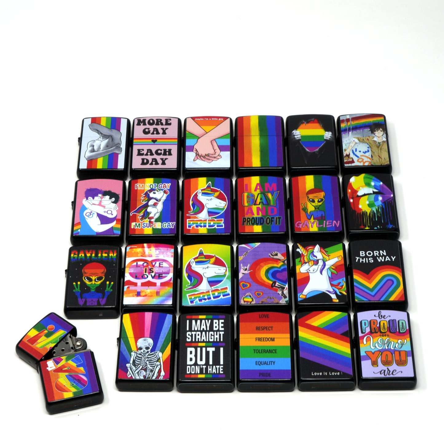 LOT of 24 Gay Pride Mix Design Oil Lighter Flip Top Refillable Set
