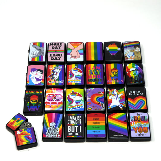 LOT of 24 Gay Pride Mix Design Oil Lighter Flip Top Refillable Set