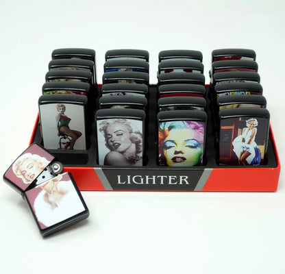 LOT of 24 Marylin Monroe Mix Design Oil Lighter Flip Top Refillable Set