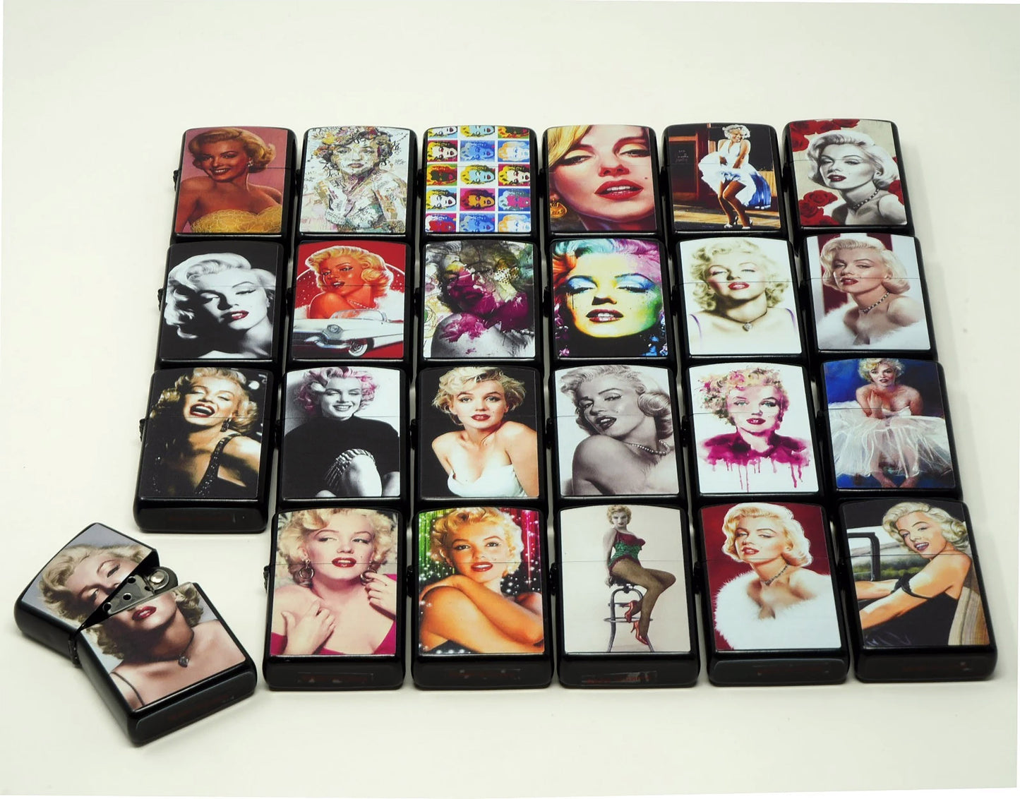 LOT of 24 Marylin Monroe Mix Design Oil Lighter Flip Top Refillable Set