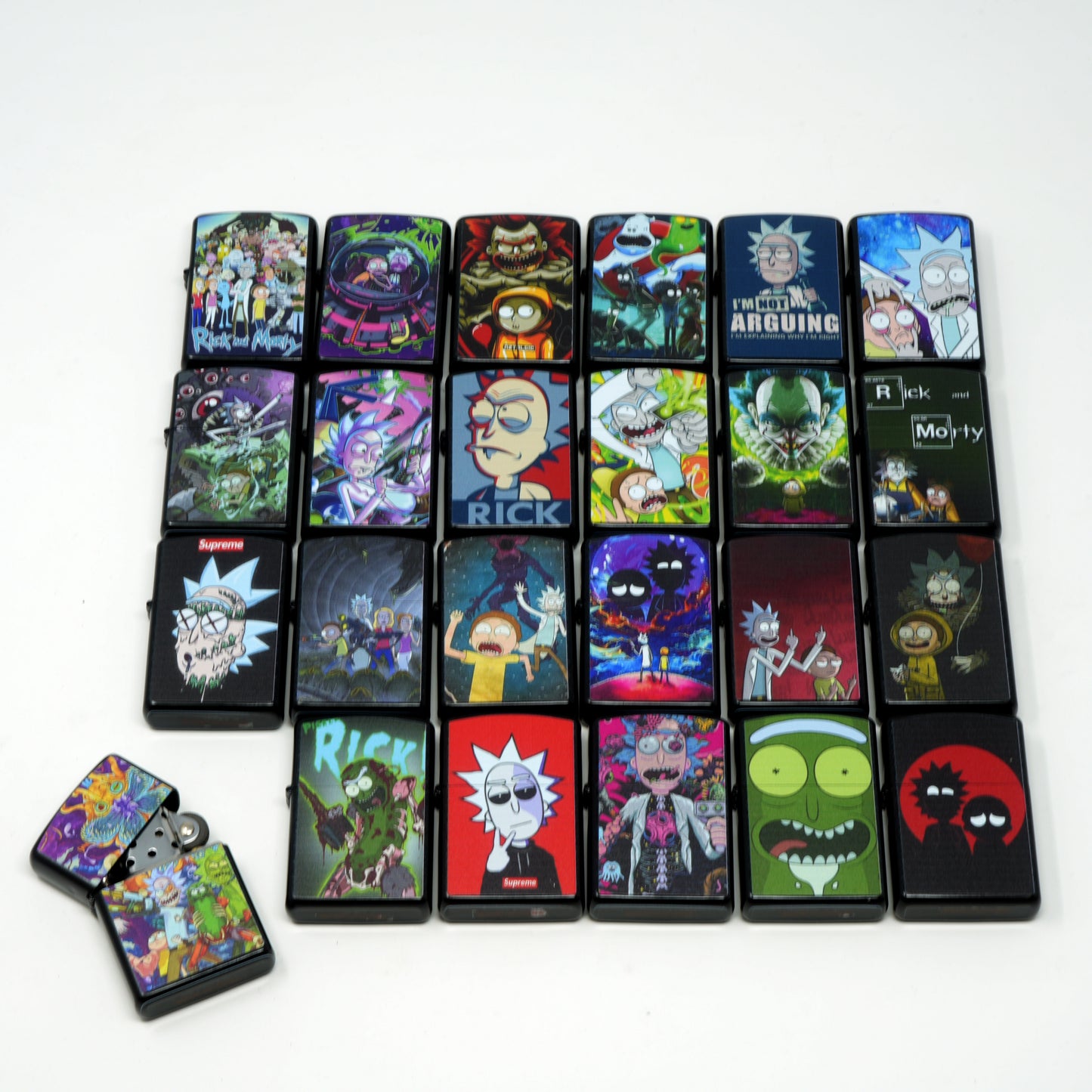 LOT of 24 R & Morty Mix Design Oil Lighter Flip Top Refillable Set