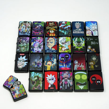 LOT of 24 R & Morty Mix Design Oil Lighter Flip Top Refillable Set