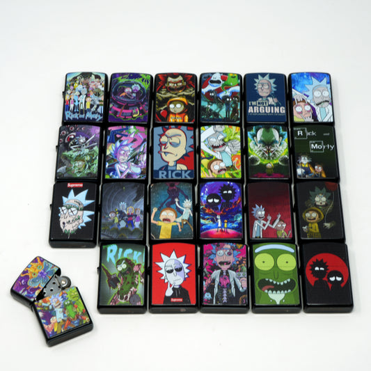 LOT of 24 R & Morty Mix Design Oil Lighter Flip Top Refillable Set
