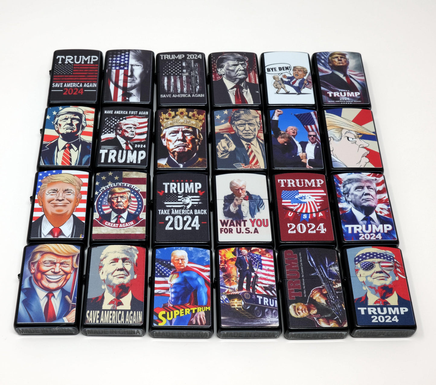 LOT of 24 Trump 2024 Mix Design Oil Lighter Flip Top Refillable Set