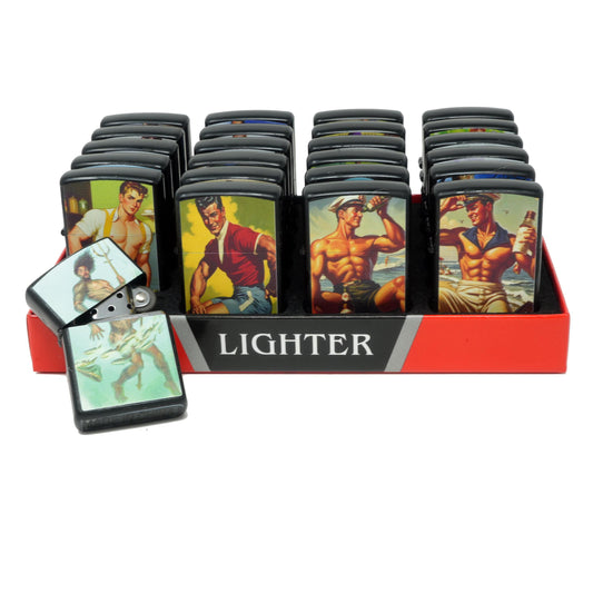 LOT of 24 Vintage Retro Pin Up Boy Design Oil Lighter Flip Top Refillable Set