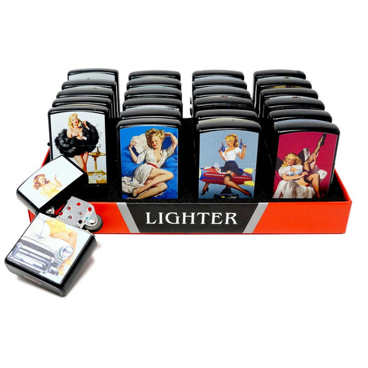 Vintage Retro Pin Up Girl 24 PCs Mix Design Wind Proof Oil Lighters - Pack of 24