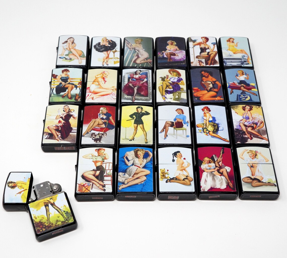 Vintage Retro Pin Up Girl 24 PCs Mix Design Wind Proof Oil Lighters - Pack of 24