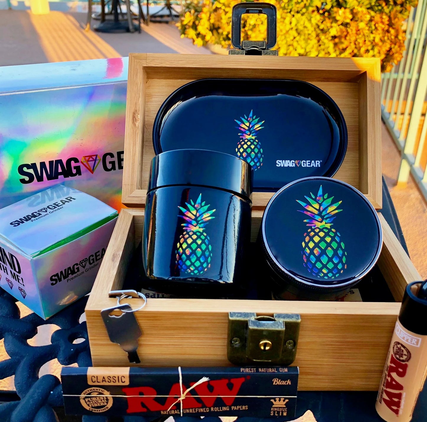 Bamboo Wood Stash Box Combo - Full Size Tree Grinder Stash Jar Rolling Tray and More! - Large 4 Part Grinder - Engraved Wooden Box