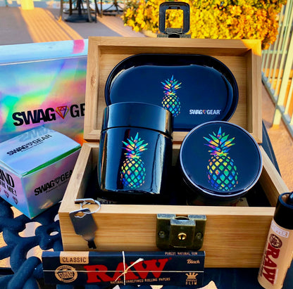 Bamboo Wood Stash Box Combo - Full Size Tree Grinder Stash Jar Rolling Tray and More! - Large 4 Part Grinder - Engraved Wooden Box