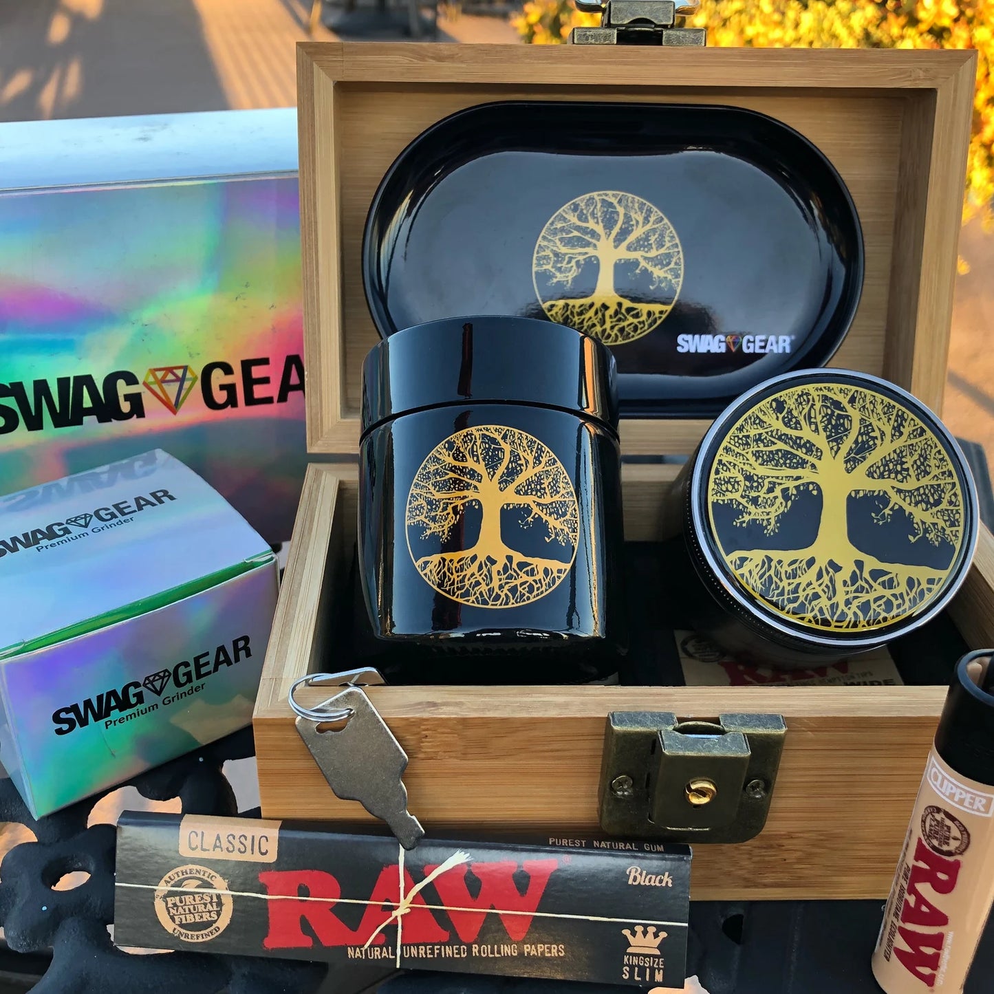 Bamboo Wood Stash Box Combo - Full Size Tree Grinder Stash Jar Rolling Tray and More! - Large 4 Part Grinder - Engraved Wooden Box
