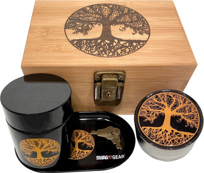 Bamboo Wood Stash Box Combo - Full Size Tree Grinder Stash Jar Rolling Tray and More! - Large 4 Part Grinder - Engraved Wooden Box