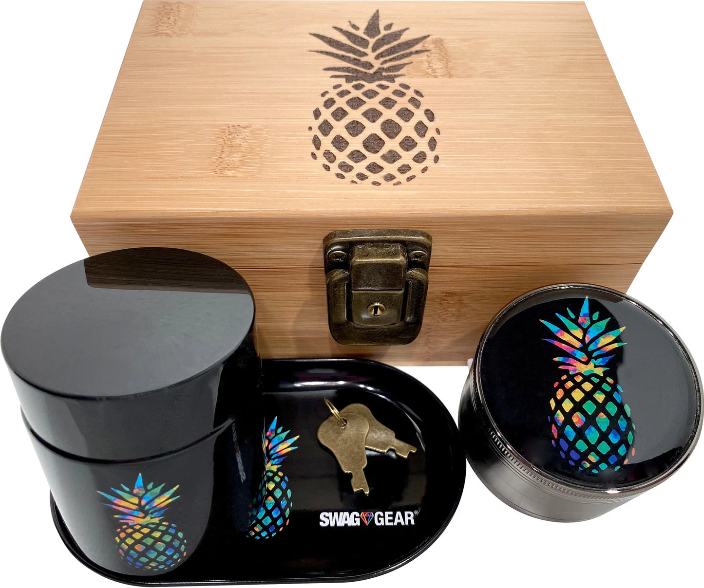 Bamboo Wood Stash Box Combo - Full Size Tree Grinder Stash Jar Rolling Tray and More! - Large 4 Part Grinder - Engraved Wooden Box