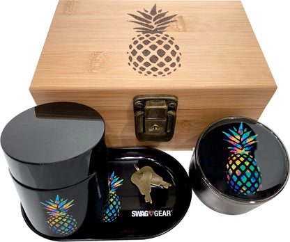 Bamboo Wood Stash Box Combo - Full Size Tree Grinder Stash Jar Rolling Tray and More! - Large 4 Part Grinder - Engraved Wooden Box