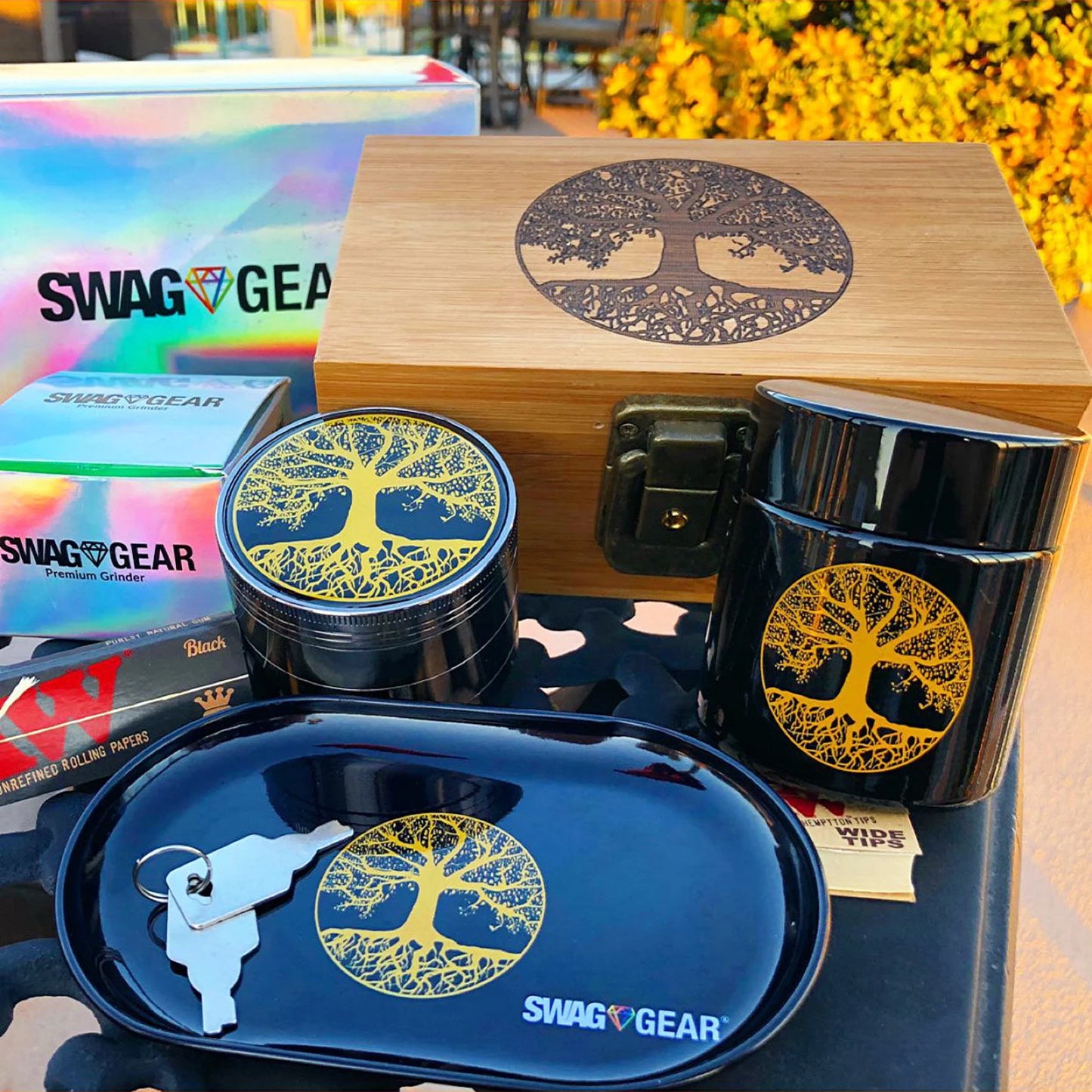 Bamboo Wood Stash Box Combo - Full Size Tree Grinder Stash Jar Rolling Tray and More! - Large 4 Part Grinder - Engraved Wooden Box