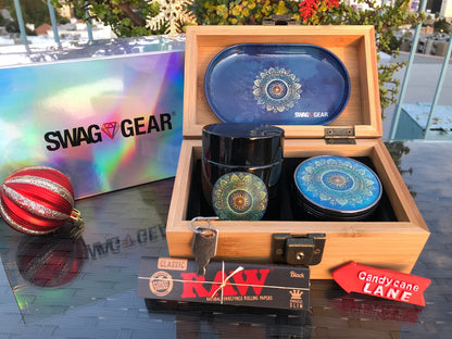 Bamboo Wood Stash Box Combo - Full Size Tree Grinder Stash Jar Rolling Tray and More! - Large 4 Part Grinder - Engraved Wooden Box