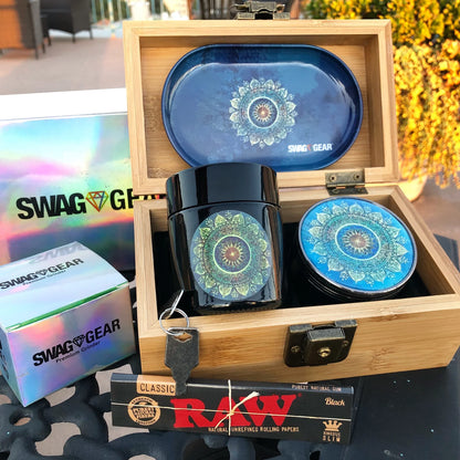 Bamboo Wood Stash Box Combo - Full Size Tree Grinder Stash Jar Rolling Tray and More! - Large 4 Part Grinder - Engraved Wooden Box