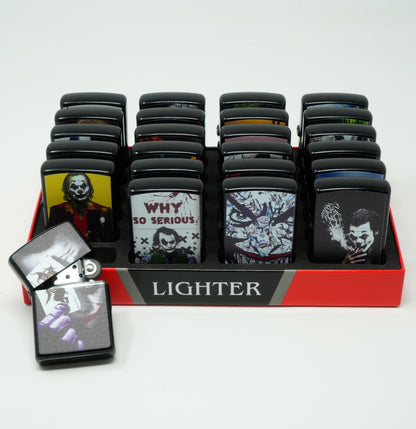 LOT of 24 Jokers Mix Design Oil Lighter Flip Top Refillable Set