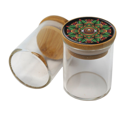 Bamboo Lid Glass Jar Container With Design #BS-049