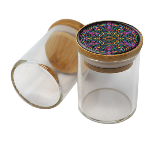 Bamboo Lid Glass Jar Container With Design #BS-052