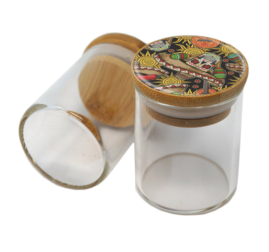 Bamboo Lid Glass Jar Container With Design #BS-063
